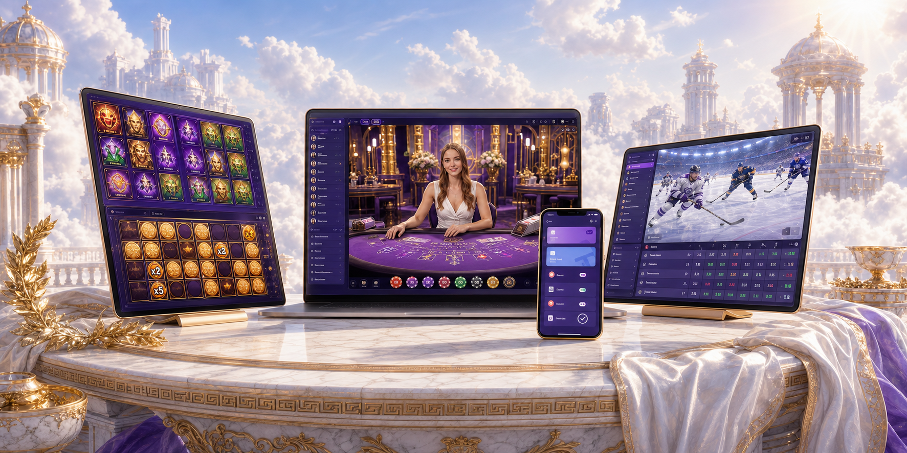 Roulettino Casino games, live casino, sports and mobile account shown across connected screens