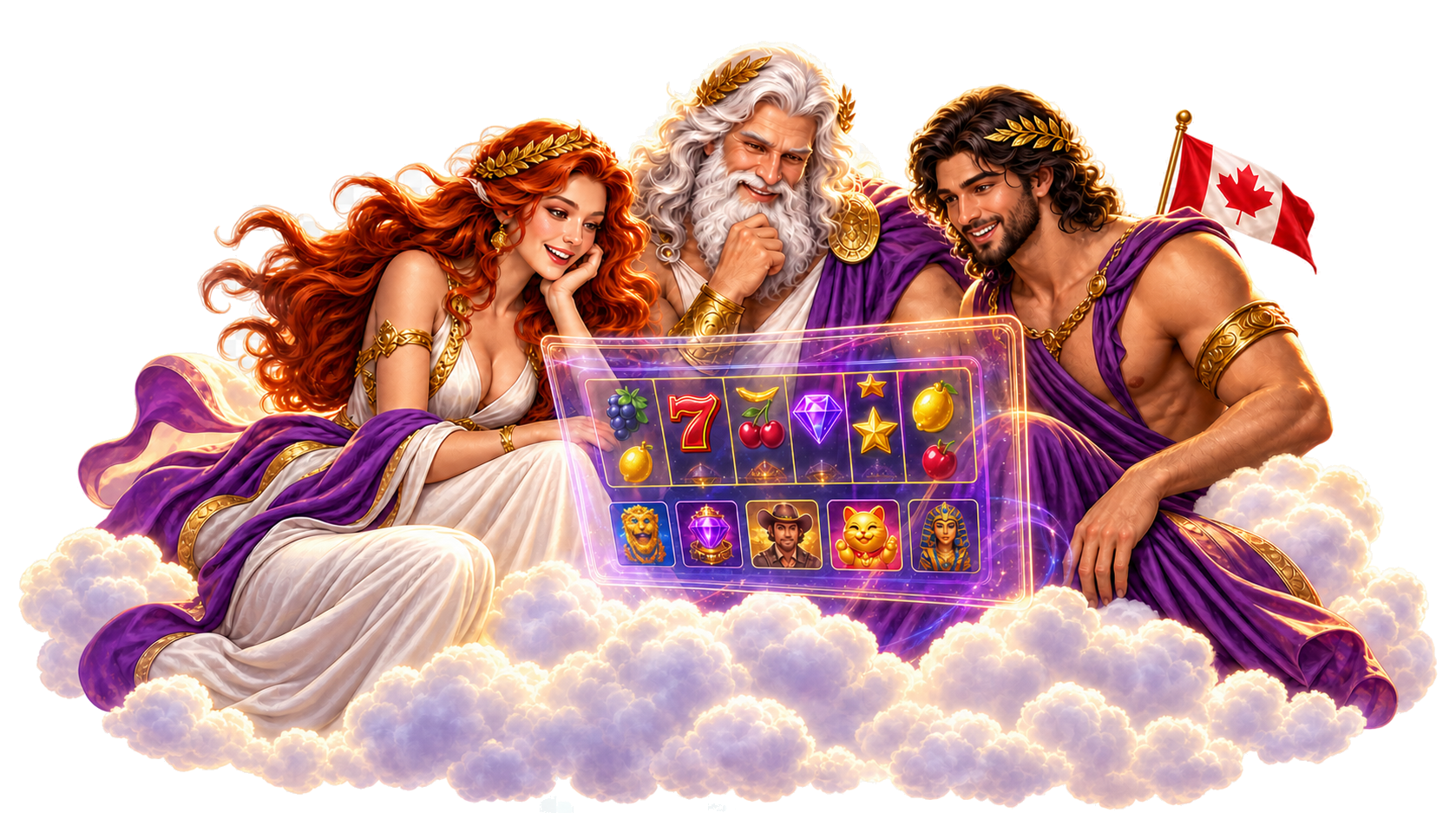 Mythological Roulettino characters relaxing on clouds beside a Canadian flag